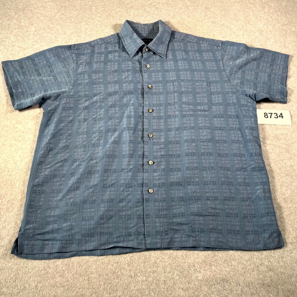 Van Heusen Dress Shirt Mens 17-17.5 Blue Plaid Rayon Formal Business‎ Oxford